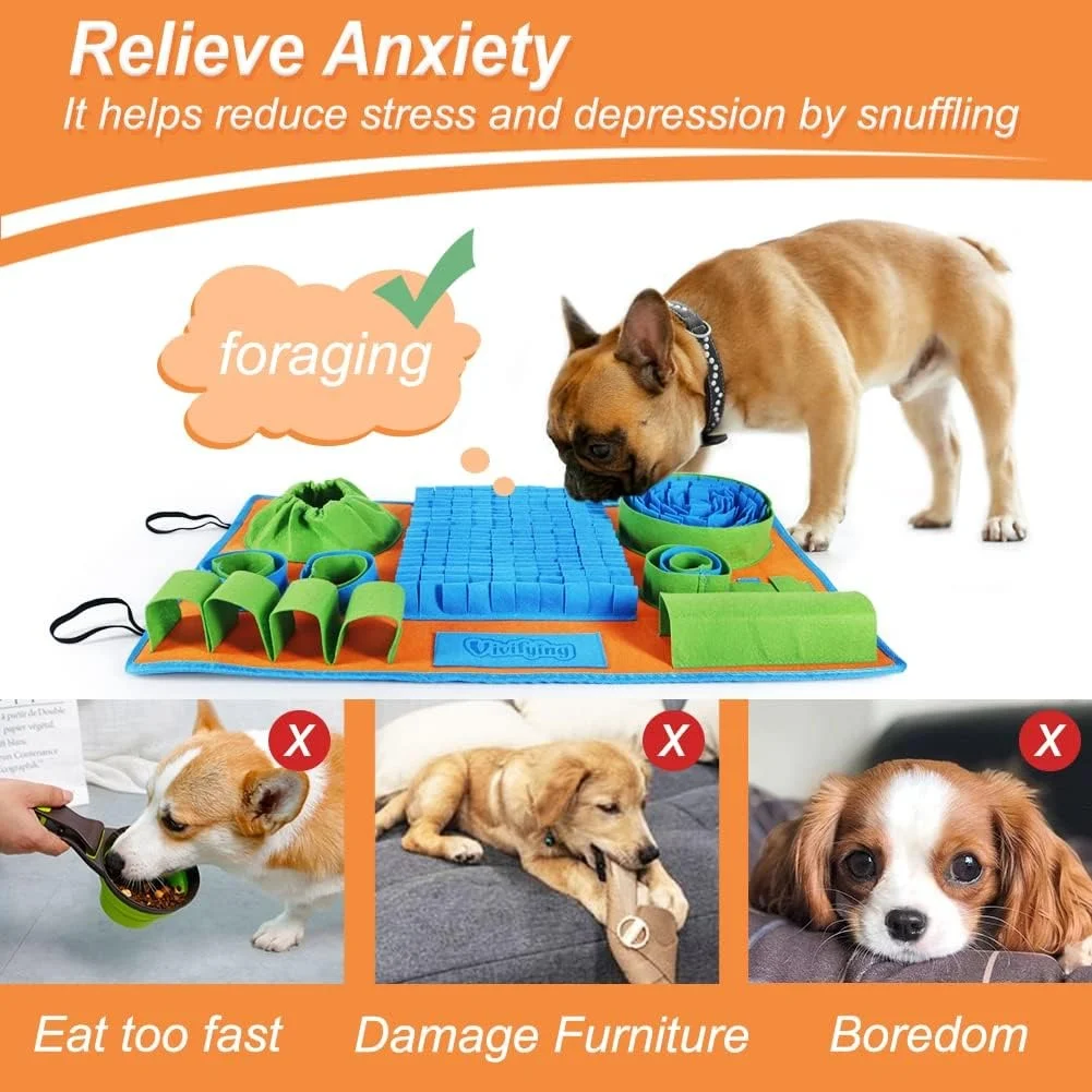 Diagram showing the benefits of snuffling and lick mats for stress reduction and anxiety relief